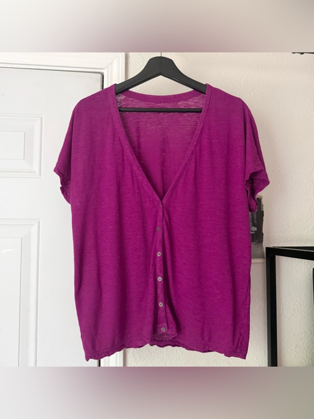 EILEEN FISHER magenta hemp organic cotton button‎ up short sleeve boxy tee top
